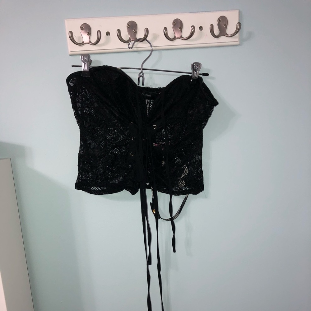 Lace, see-thru, tie/corset, strapless crop top